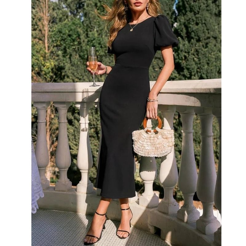 Womens Bodycon Midi Dress, Short Sleeve Wedding Guest Cocktail and Formal Dress
