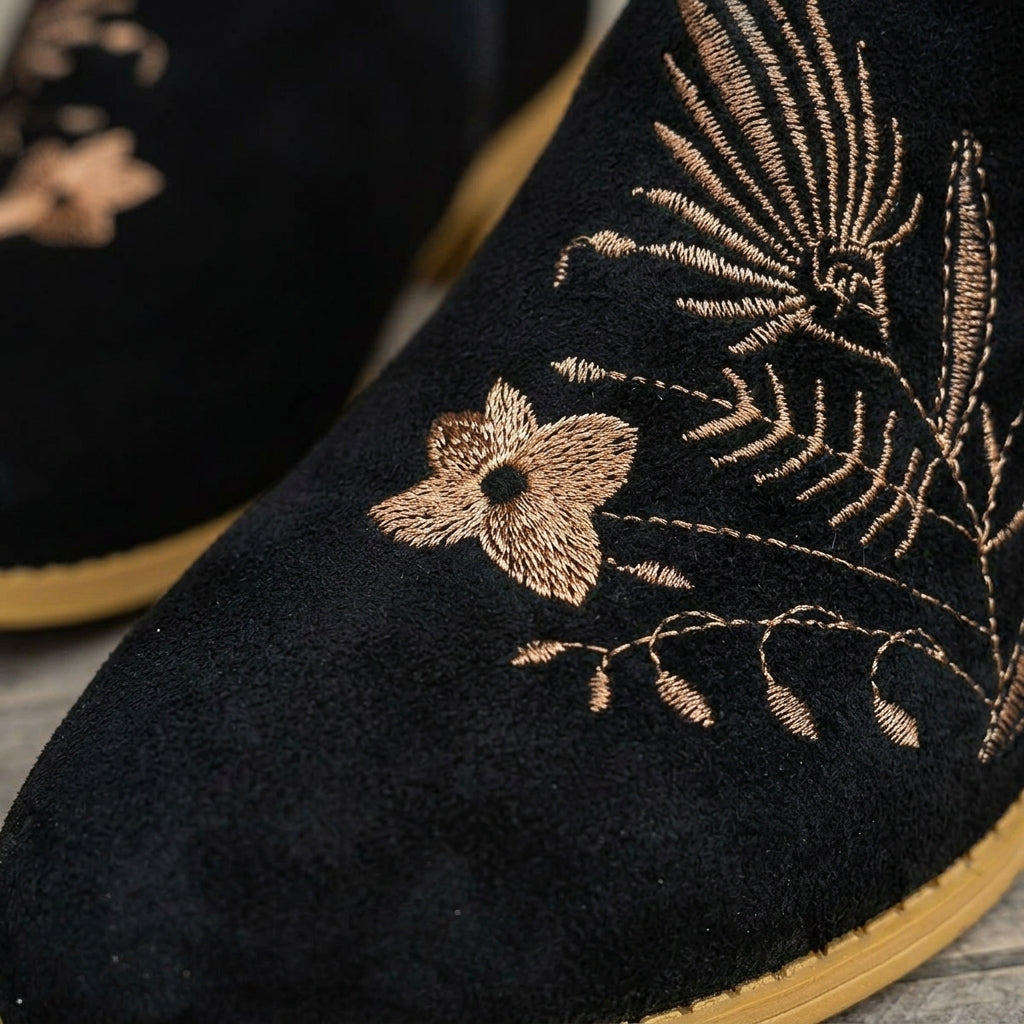 Women's Suede Ankle Boots with Embroidered Detail and Side Zipper