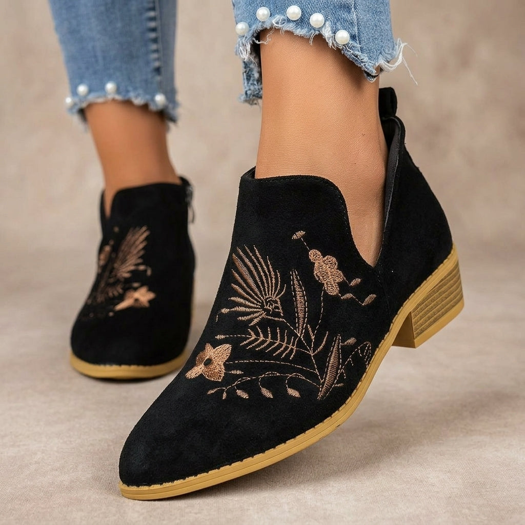 Women's Suede Ankle Boots with Embroidered Detail and Side Zipper
