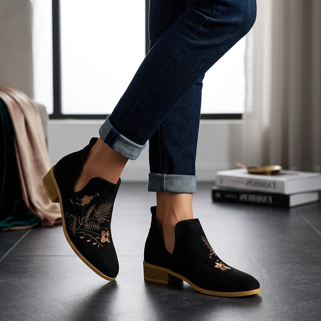 Women's Suede Ankle Boots with Embroidered Detail and Side Zipper