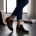 Women's Suede Ankle Boots with Embroidered Detail and Side Zipper
