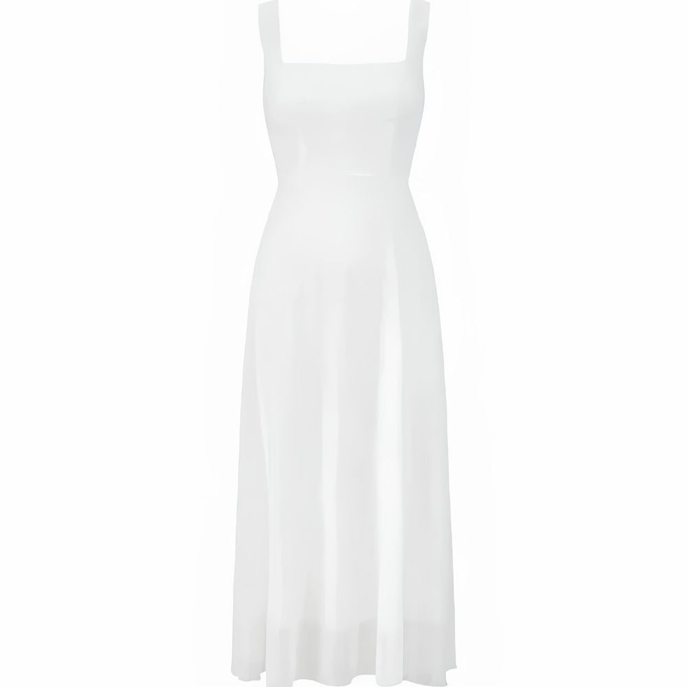 Womens Midi Dress with Square Neckline and Fitted Bodice, A-Line Skirt