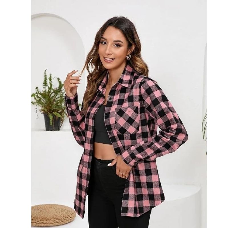 Flannel Shirt for Women, Plaid Western Cowgirl Button Down Shirt, Long Sleeve Oversized Casual Top