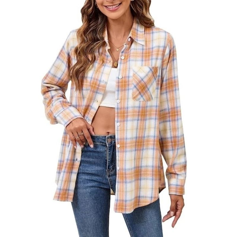 Flannel Shirt for Women, Plaid Western Cowgirl Button Down Shirt, Long Sleeve Oversized Casual Top