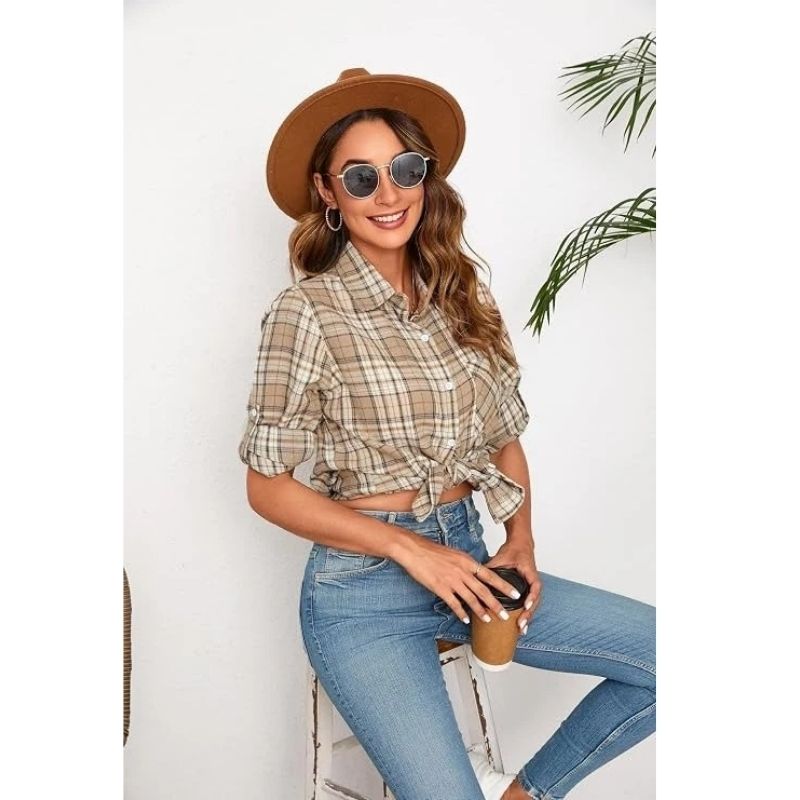 Flannel Shirt for Women, Plaid Western Cowgirl Button Down Shirt, Long Sleeve Oversized Casual Top