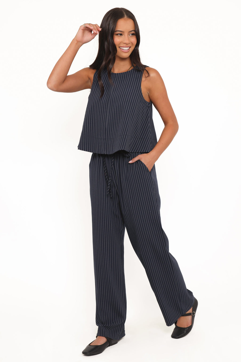 Womens Navy White Stripe Pants, High-Rise Wide Leg
