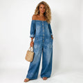 Womens Denim Jumpsuit, Off the Shoulder Wide Leg Romper, Casual Button Front Jeans Overalls with Pockets