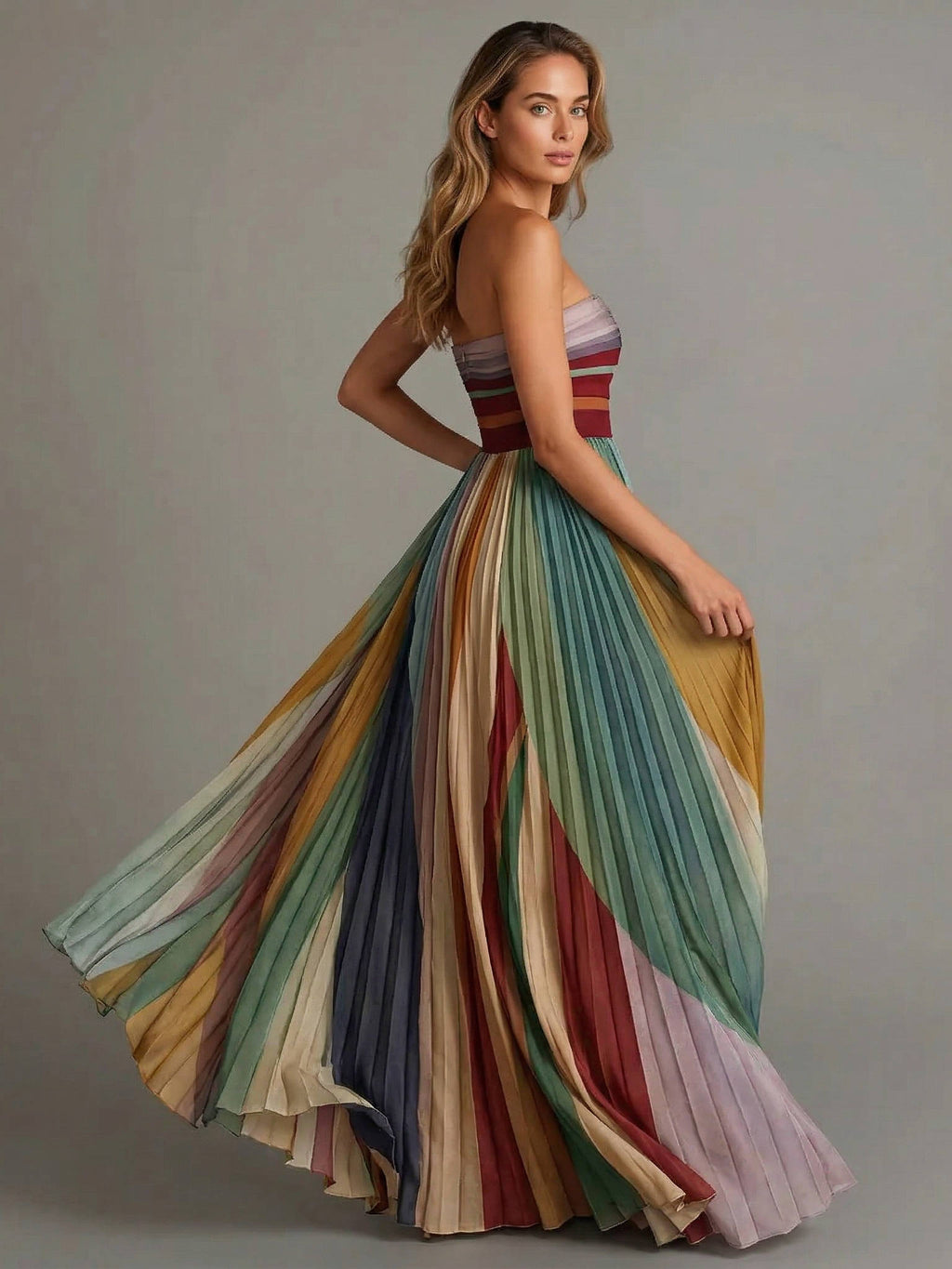 Strapless Maxi Dress with Structured Boning and Pleated Chiffon Skirt, Vertical Stripe