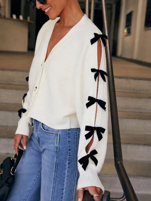 Womens Knit Cardigan with Bow Sleeve Accents, Relaxed Fit