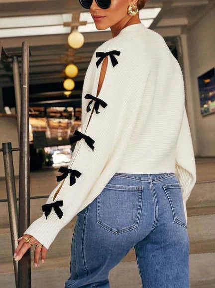Womens Knit Cardigan with Bow Sleeve Accents, Relaxed Fit