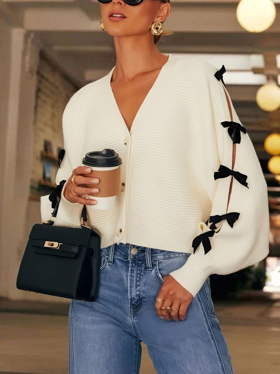 Womens Knit Cardigan with Bow Sleeve Accents, Relaxed Fit