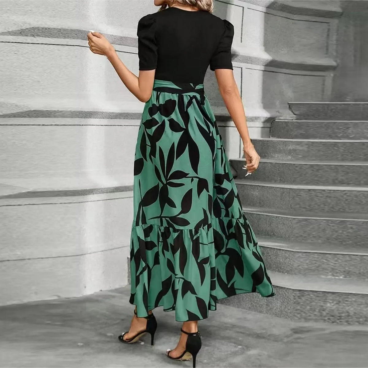 Womens Short Sleeve Maxi Dress with Adjustable Tie Waist