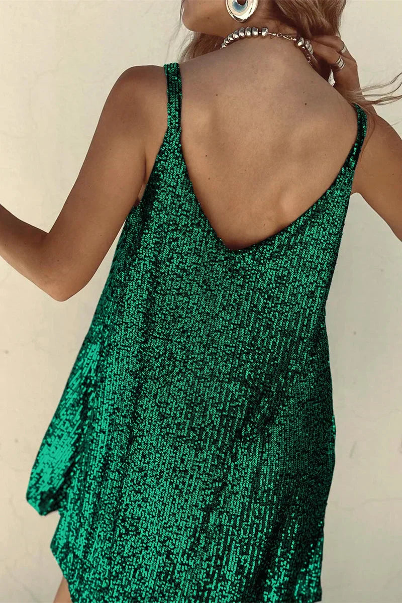 Sequin Mini Dress with V-Neck and Flared Skirt for Party Events