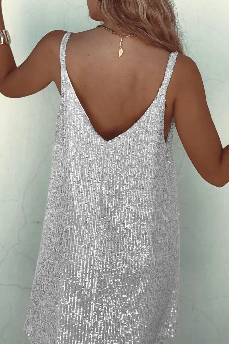 Sequin Mini Dress with V-Neck and Flared Skirt for Party Events