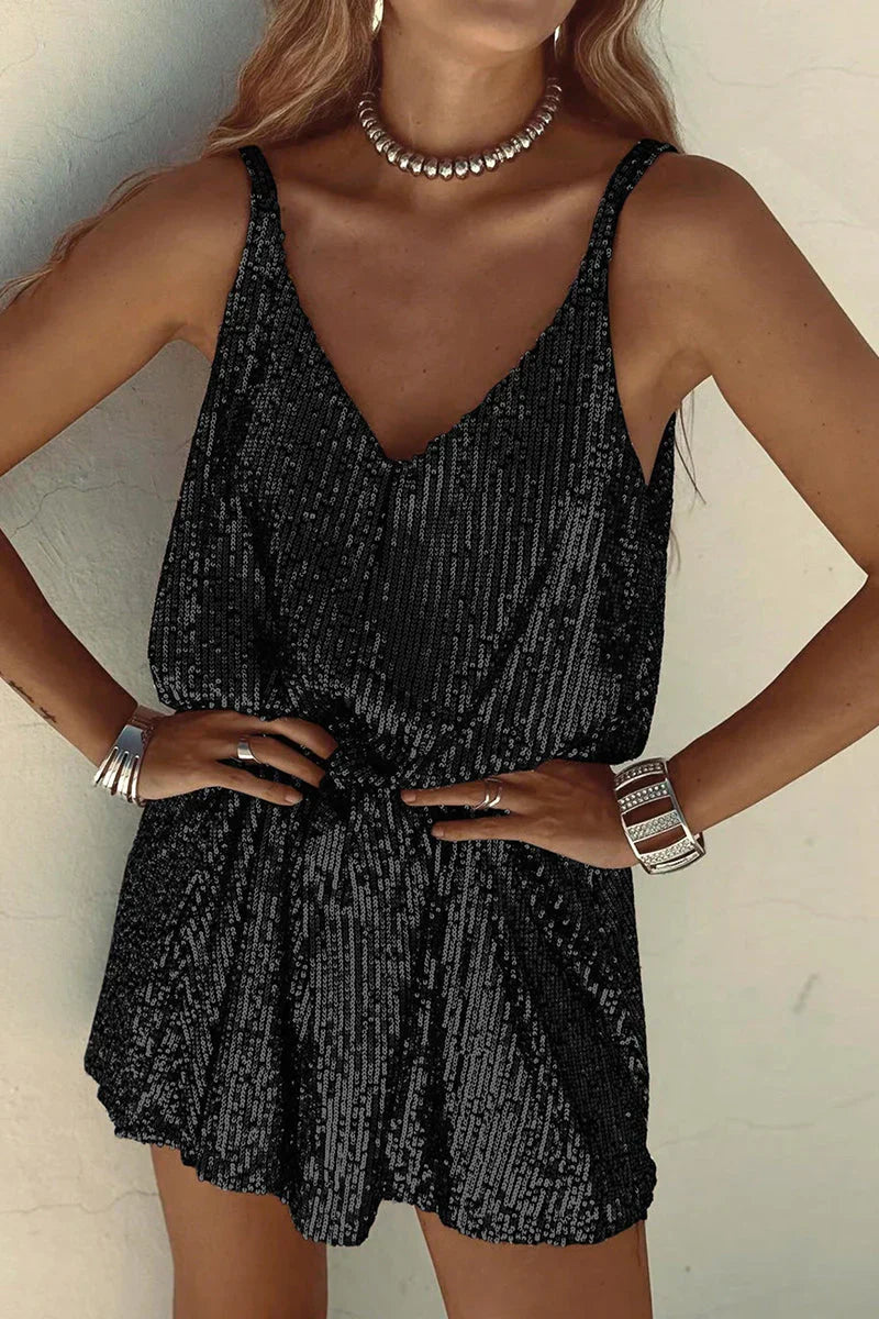 Sequin Mini Dress with V-Neck and Flared Skirt for Party Events