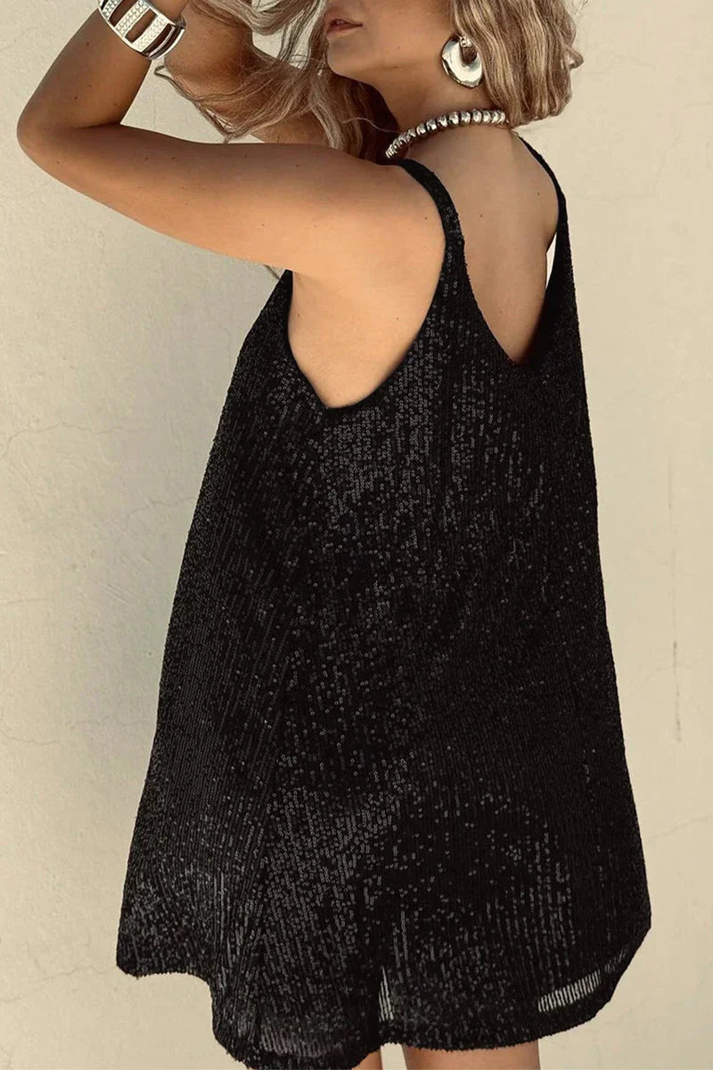 Sequin Mini Dress with V-Neck and Flared Skirt for Party Events