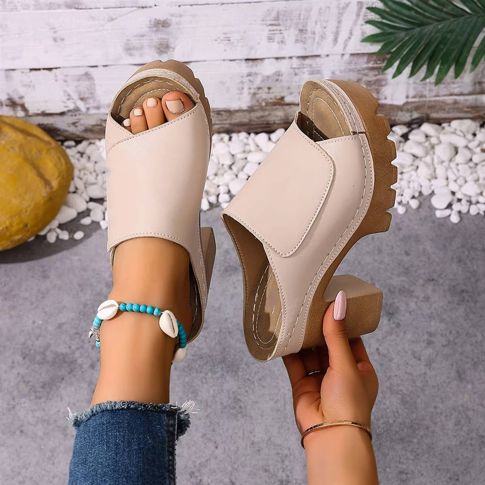 Womens Block Heel Mules, Open Toe Platform Sandals, Chunky High Heel Slip on Slide Shoes