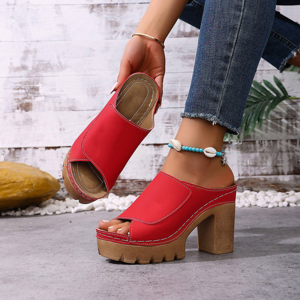Womens Block Heel Mules, Open Toe Platform Sandals, Chunky High Heel Slip on Slide Shoes