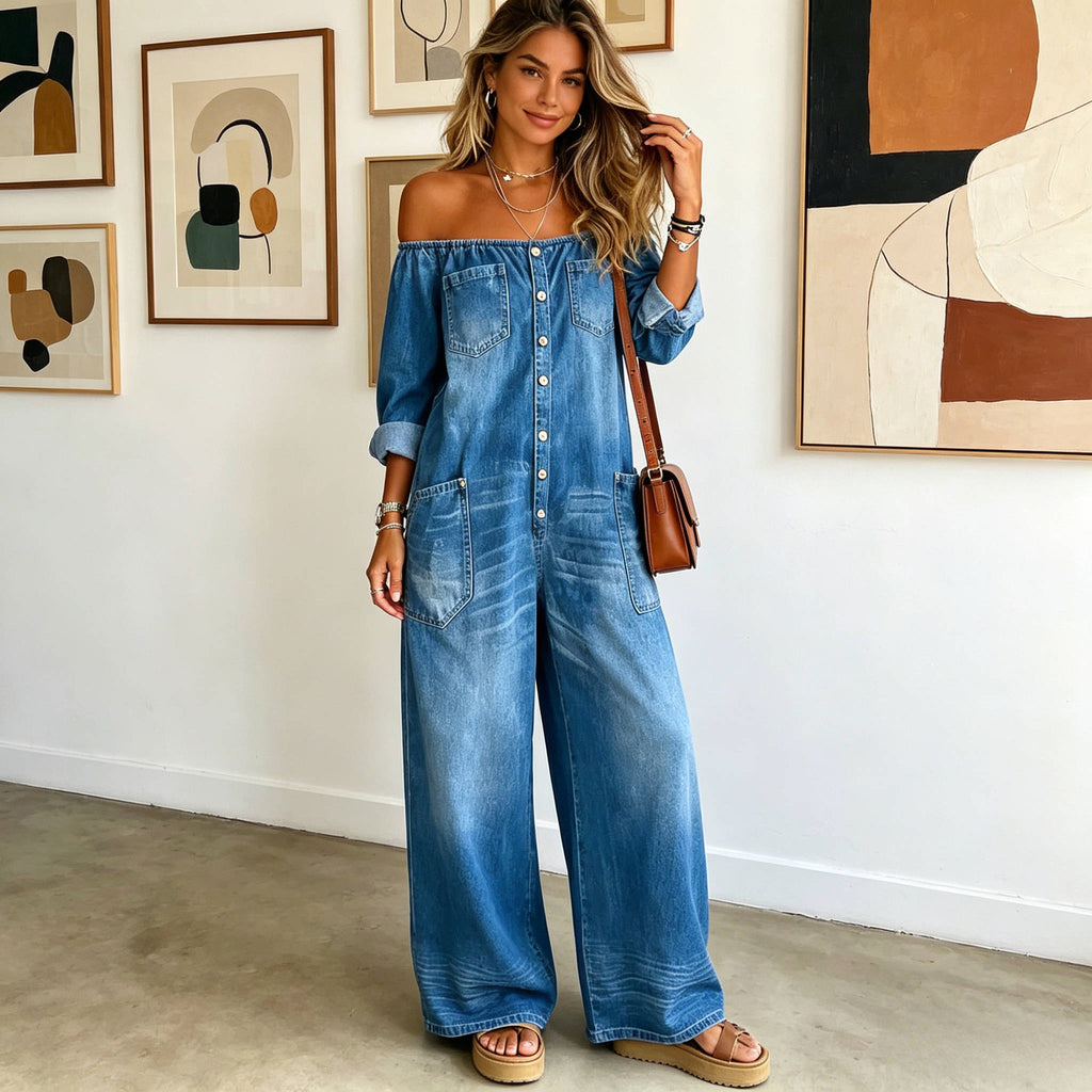 Womens Denim Jumpsuit, Off the Shoulder Wide Leg Romper, Casual Button Front Jeans Overalls with Pockets