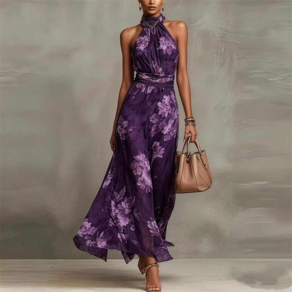 Womens Floral Print Halter Maxi Dress, Elegant Sleeveless High Neck Chiffon Gown, Vintage Flowy Summer Long Dresses