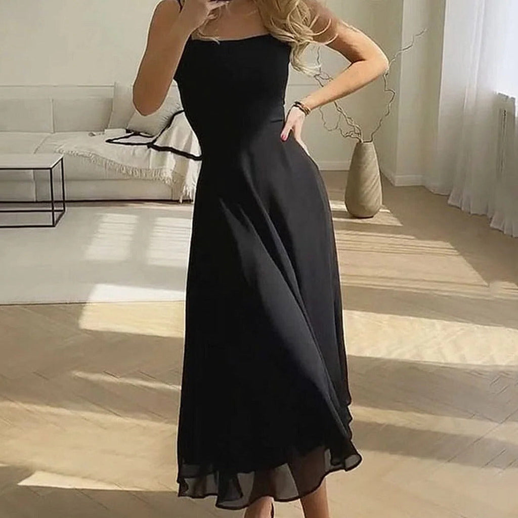 Womens Midi Dress with Square Neckline and Fitted Bodice, A-Line Skirt