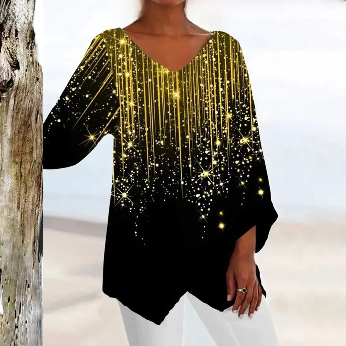 Womens Form-Fitting V-Neck Top with Vintage-Inspired Design and Contemporary Appeal