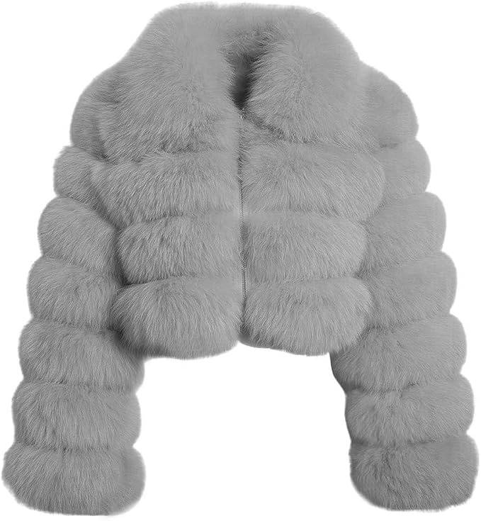 Womens Faux Fur Cropped Jacket, Fluffy Teddy Puffer Coat, Zip Up Warm Winter Jacket