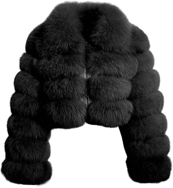 Womens Faux Fur Cropped Jacket, Fluffy Teddy Puffer Coat, Zip Up Warm Winter Jacket