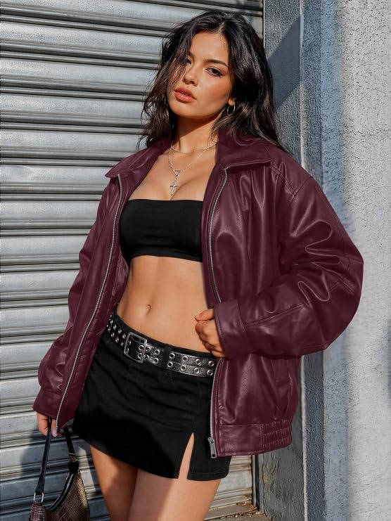 Womens Oversized Faux Leather Jacket, Boyfriend Biker Moto Coat, Medium Weight Fall Winter Outerwear