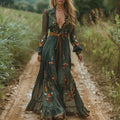 Hand-Embroidered Floral Maxi Dress with Tiered Chiffon and Ruffled Hem
