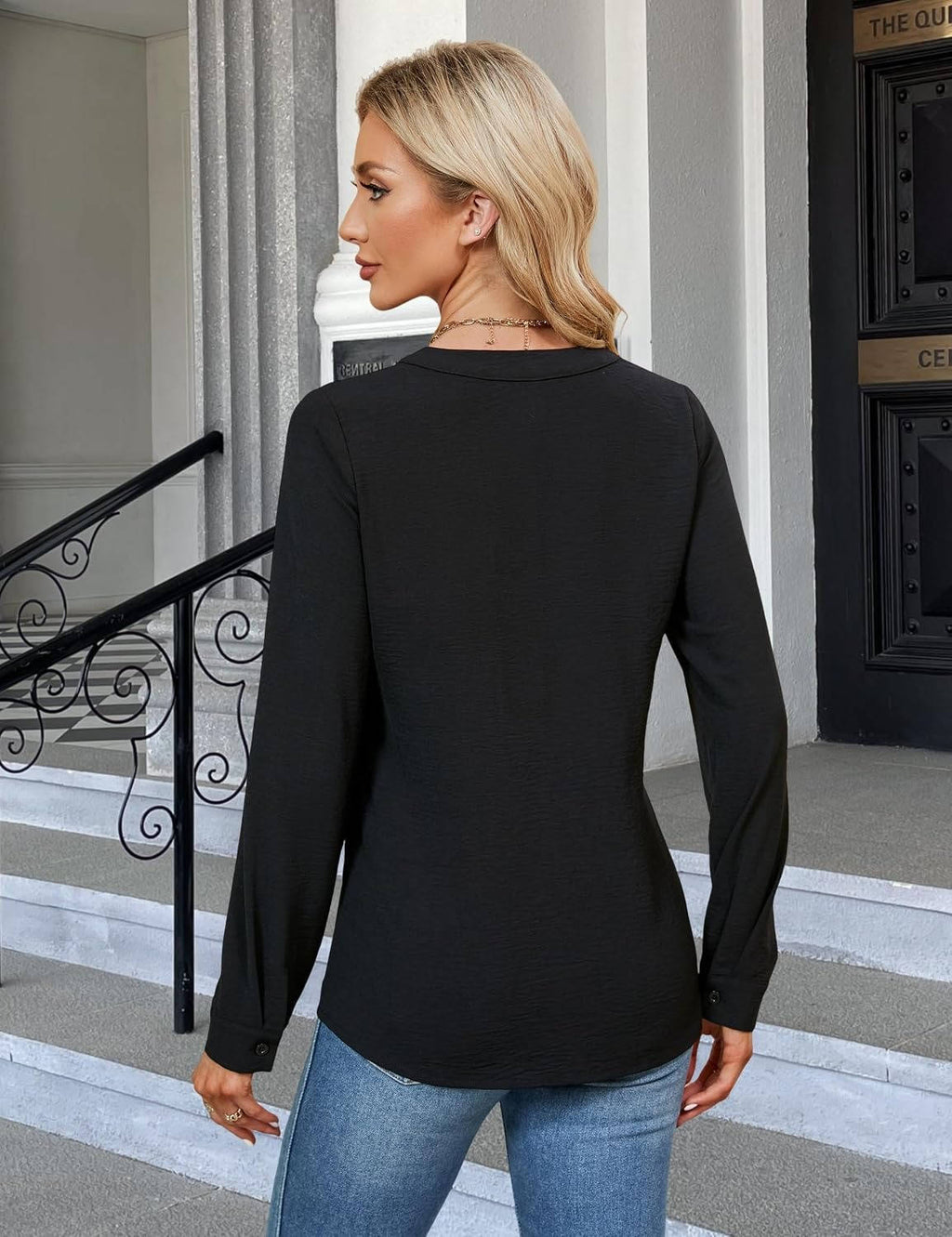 Womens Long Sleeve V-Neck Pleated Blouse - Business Casual Work Top