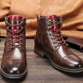 Mens Cap Toe Ankle Boots with Side Zip and Lace-Up Front, Brown Leather