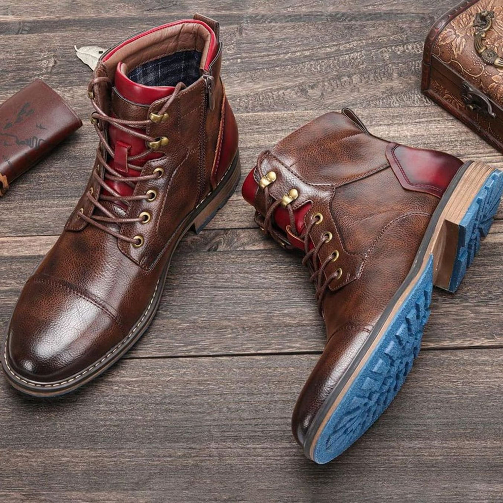 Mens Cap Toe Ankle Boots with Side Zip and Lace-Up Front, Brown Leather