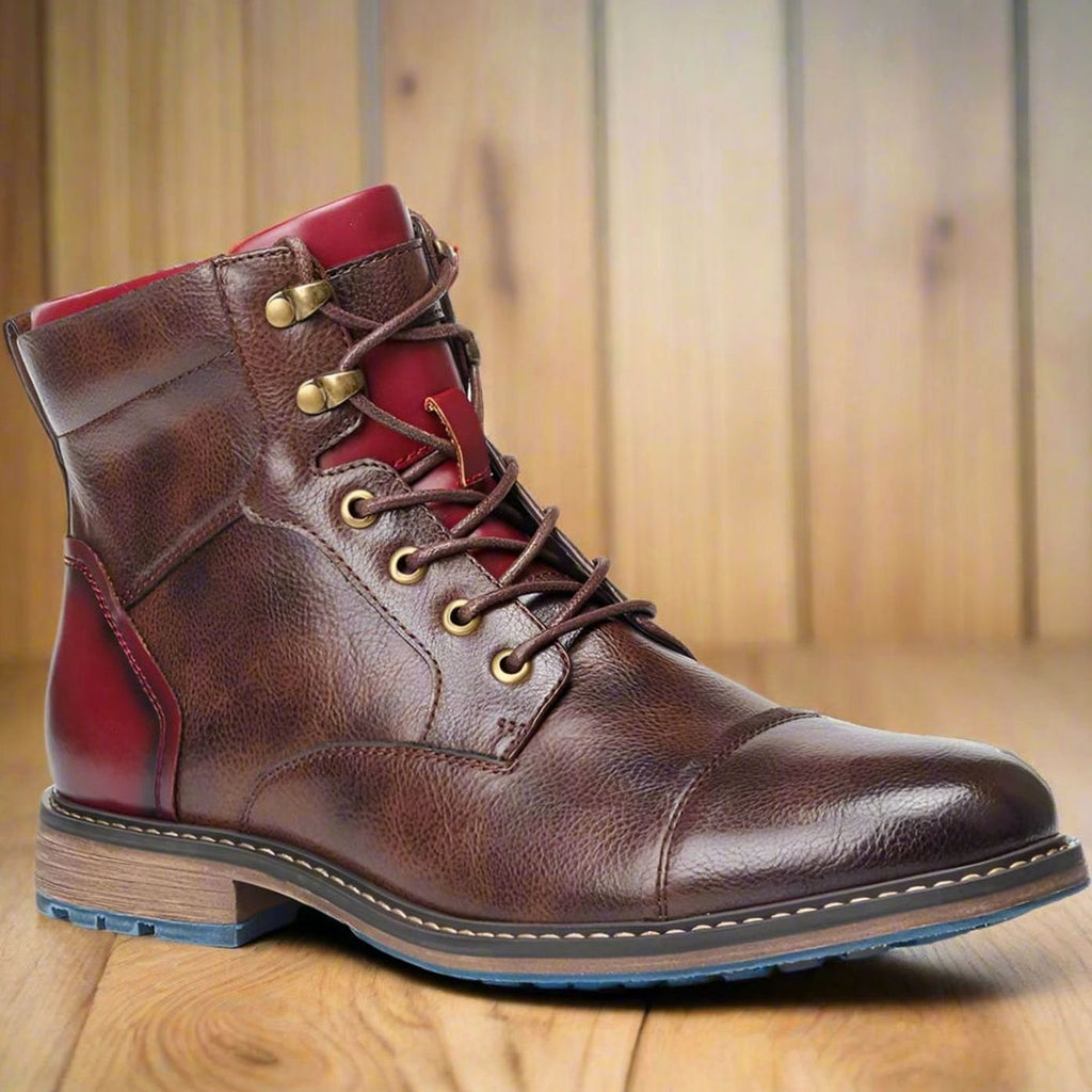 Mens Cap Toe Ankle Boots with Side Zip and Lace-Up Front, Brown Leather