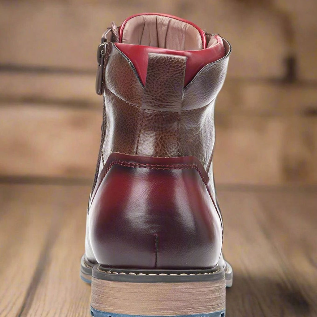 Mens Cap Toe Ankle Boots with Side Zip and Lace-Up Front, Brown Leather