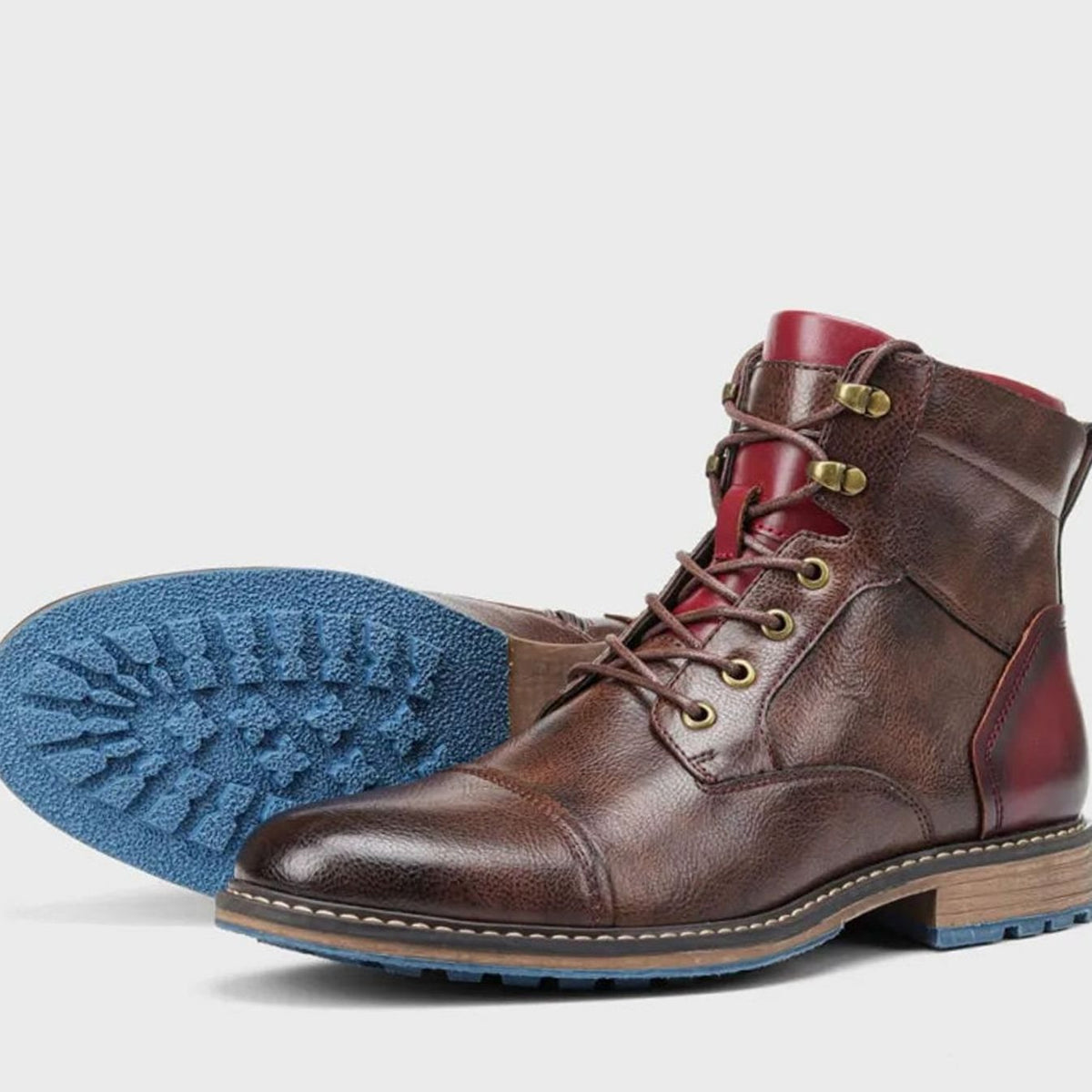 Mens Cap Toe Ankle Boots with Side Zip and Lace-Up Front, Brown Leather